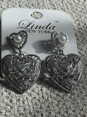 Silver Heart Filigree Drop Earrings with Pearl Accent